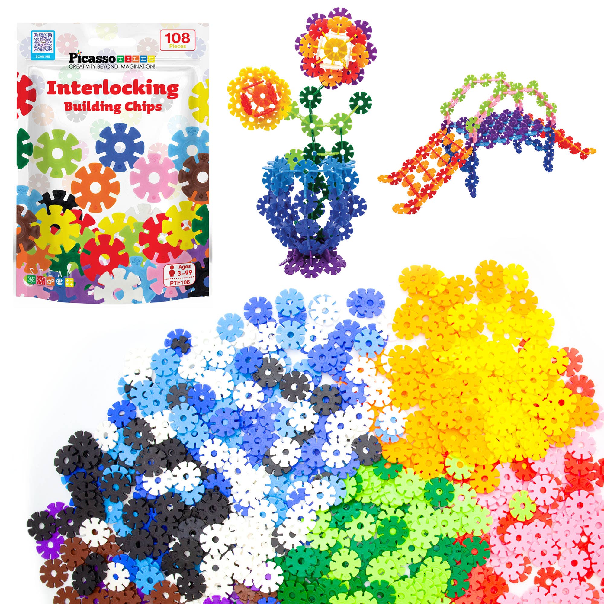 PicassoTiles Building Chips 108-piece colorful interlocking discs set for creative construction and play
