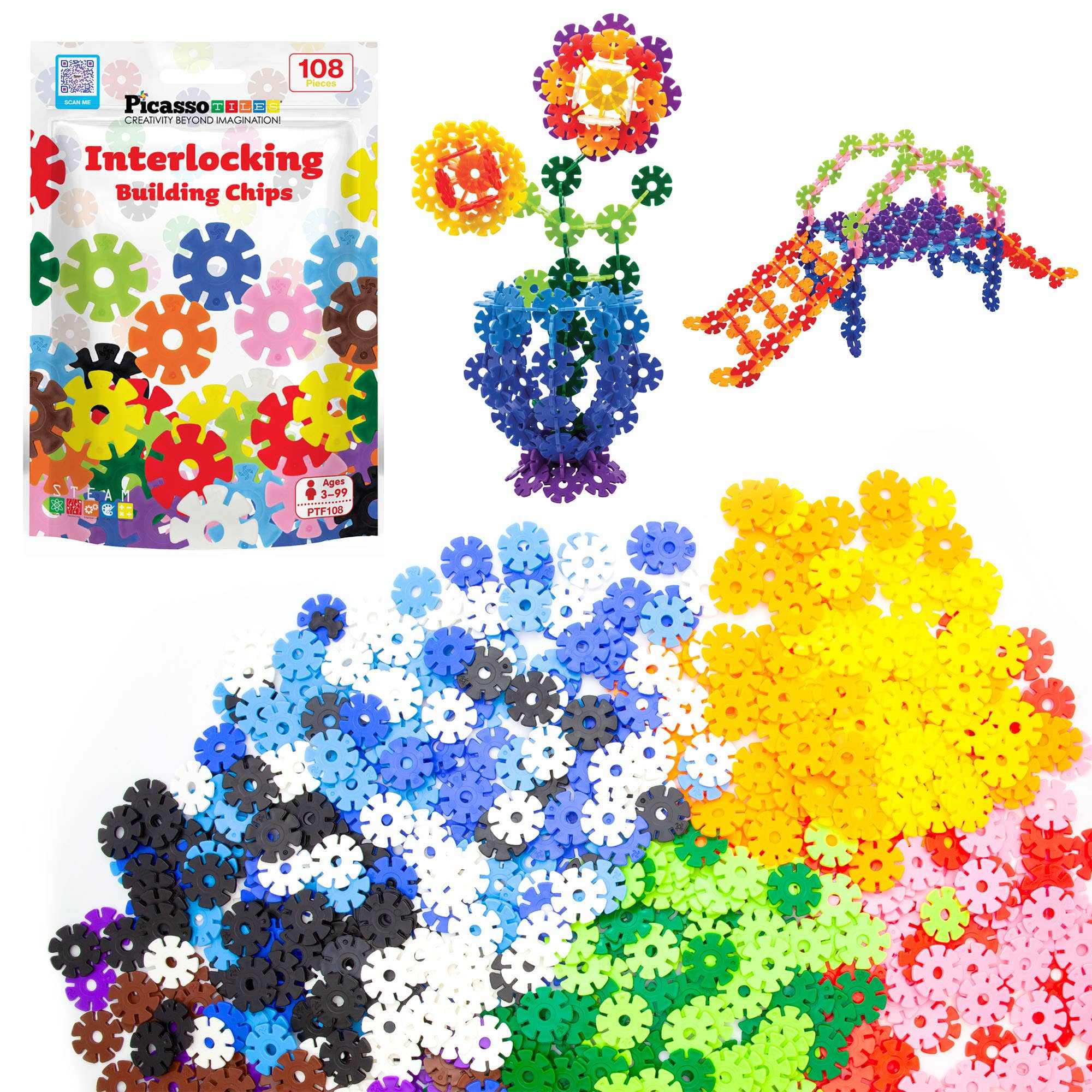 PicassoTiles Building Chips 108-piece colorful interlocking discs set for creative construction and play