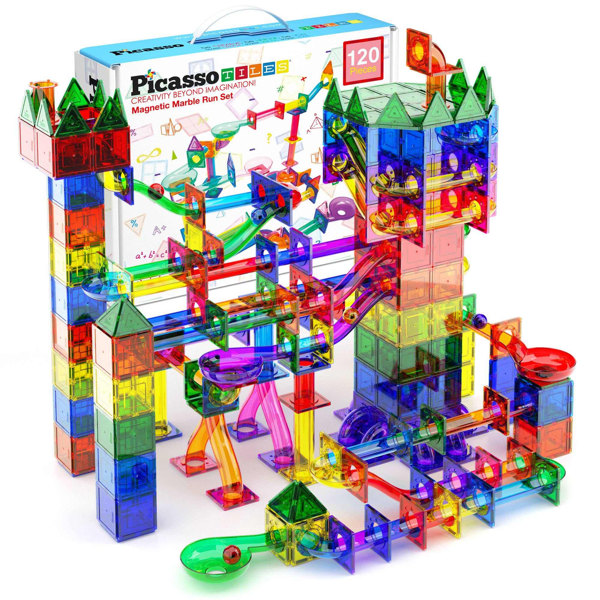 Magnetic Marble Run 100-piece set with colorful translucent tiles for building 3D maze tracks and promoting STEM learning.