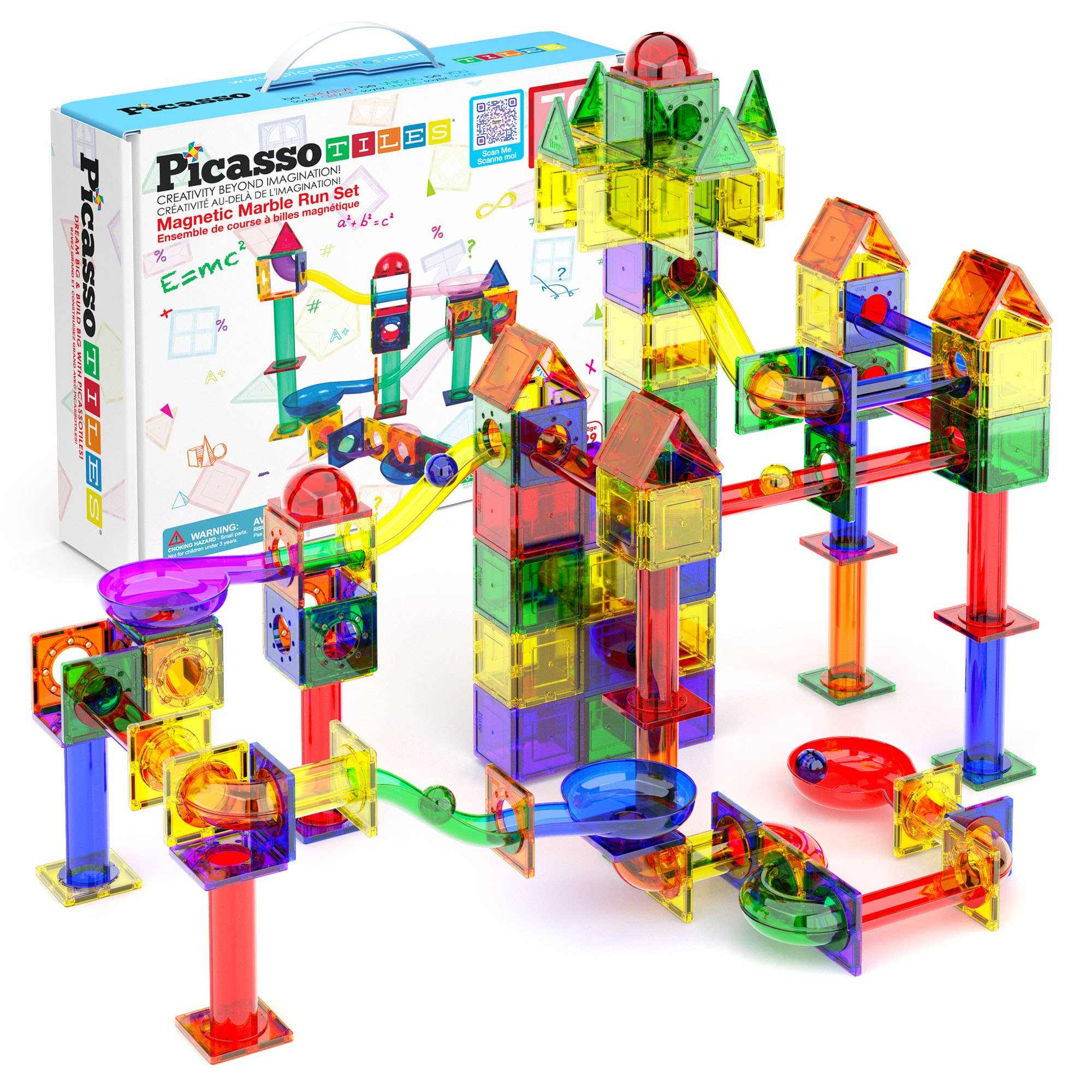 Colorful 100-piece magnetic marble run track set with translucent building tiles for STEM learning and creative play