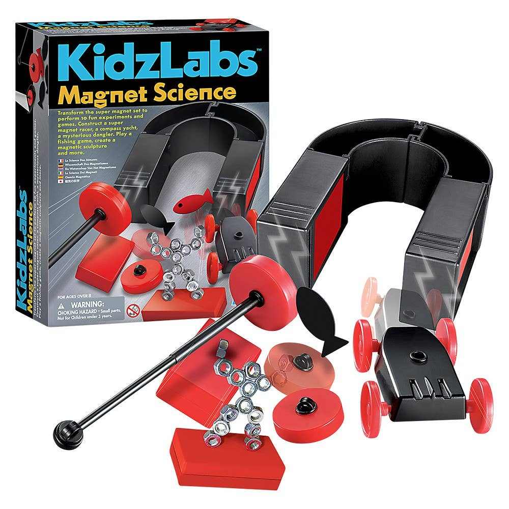 KidzLabs Magnet Science super magnet set with racer, compass yacht, and magnetic sculpture components for experiments and games