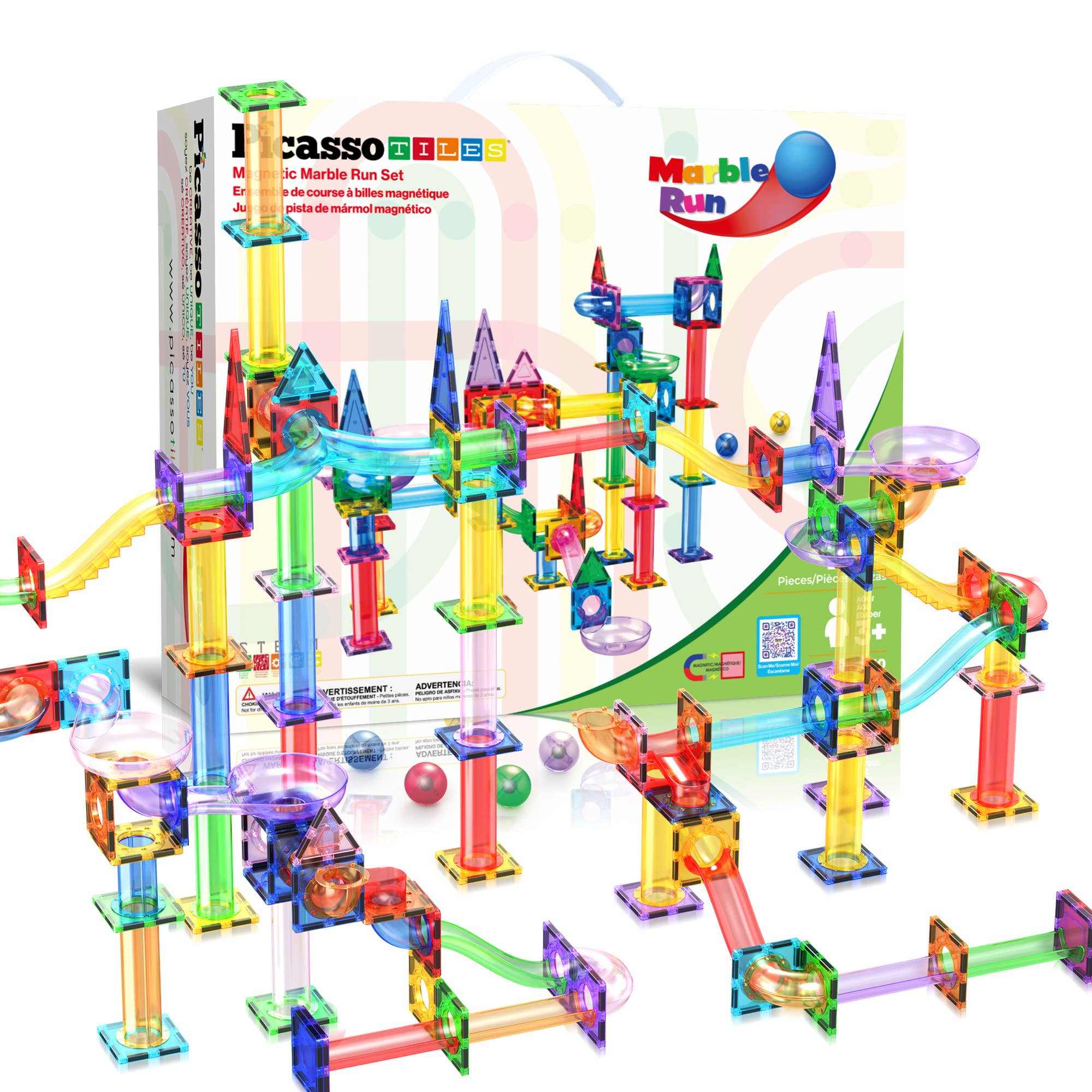 Colorful magnetic marble run track set with translucent tiles and multi-level 3D maze design for creative STEM play