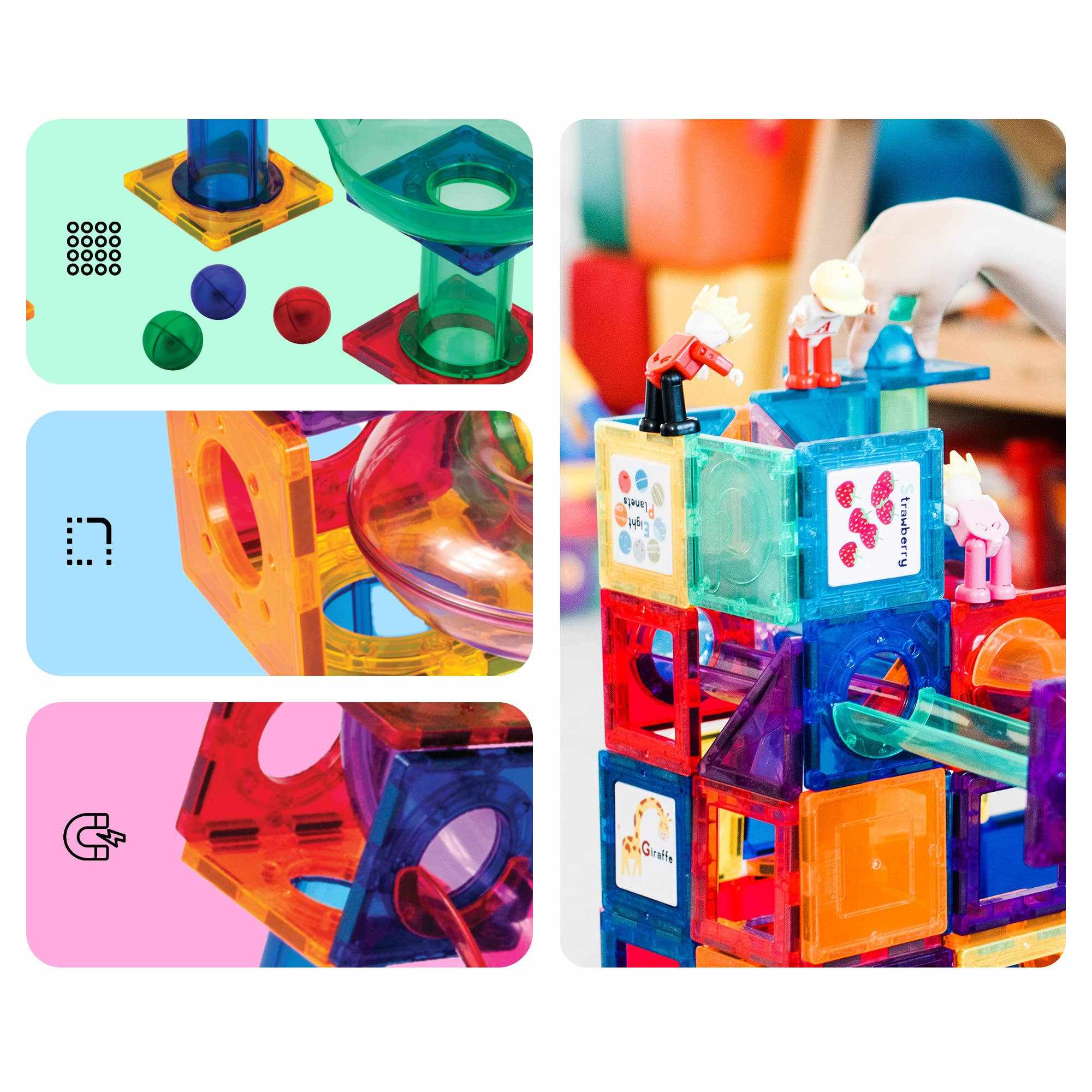 Magnetic Marble Run Track 50-piece set with translucent magnetic tiles for building 3D maze tracks and promoting STEM learning for kids.