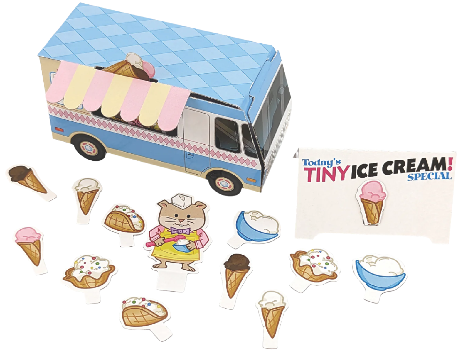 Tiny Ice Cream kids playset featuring a blue ice cream truck and cute ice cream cone and bowl cutouts for creative pretend play.