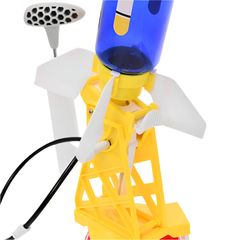 Water Powered Rocket set with yellow launchpad, blue water bottle, white fins, and air pump for STEM learning and outdoor fun