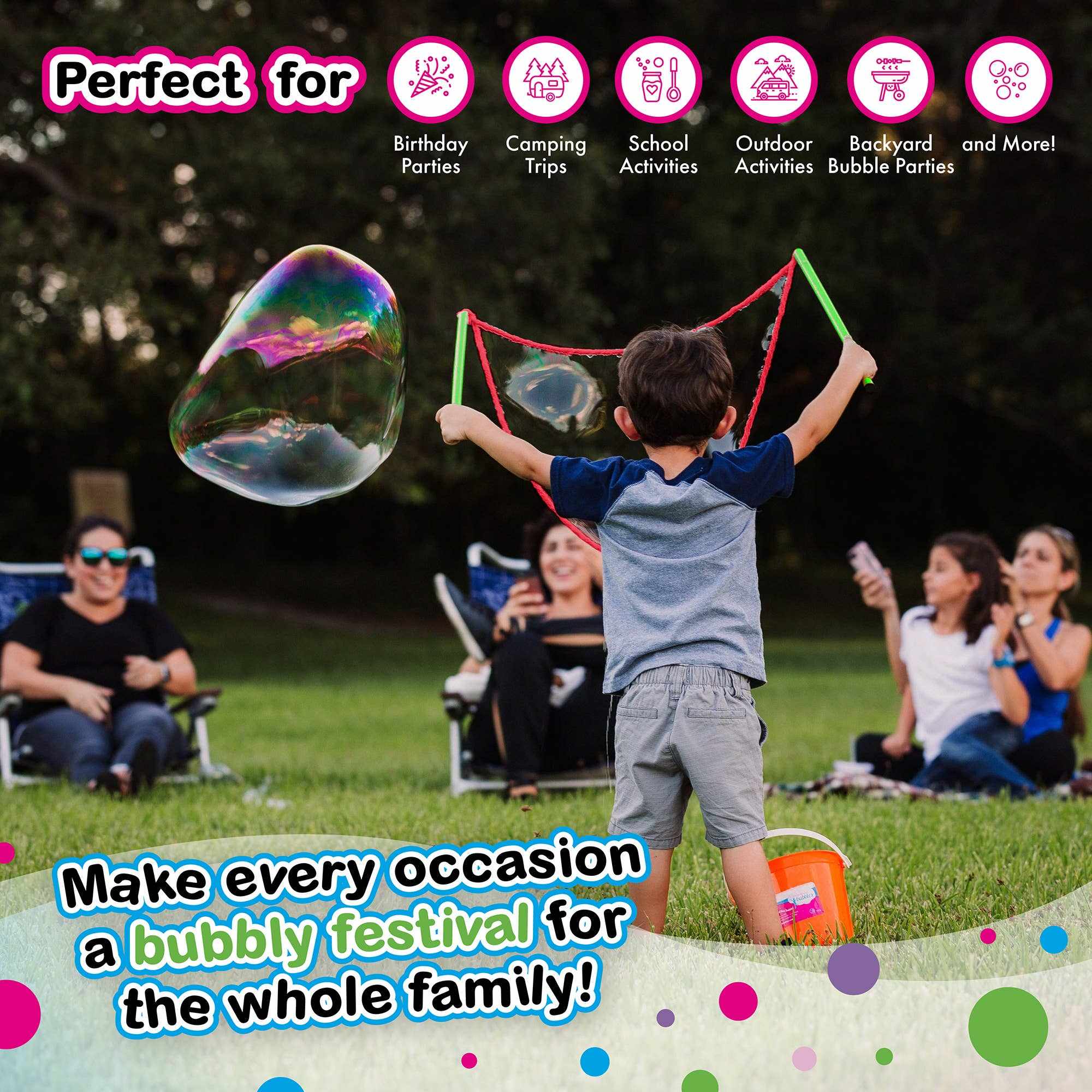 Child making giant bubbles outdoors with WOWmazing Giant Bubble Kit at family gathering