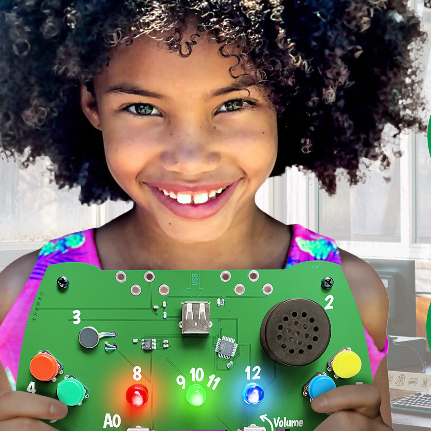 Child holding Code Lab Mini coding circuit board with colorful buttons and LED lights