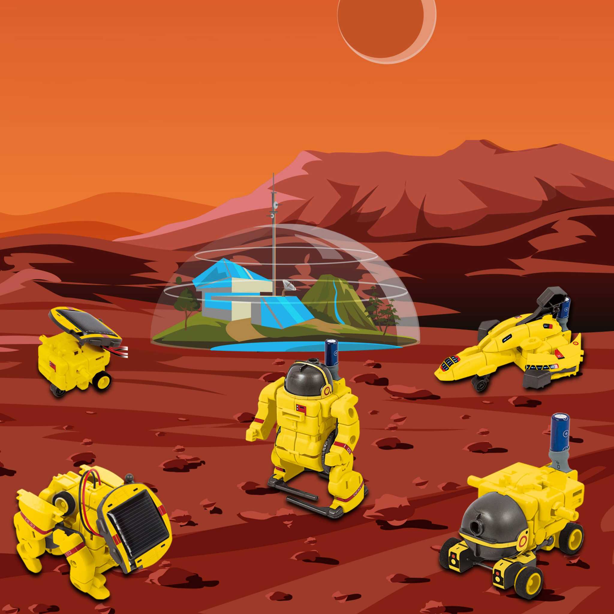 6-in-1 STEM kids solar powered UFO robot science kit with space-themed yellow models on a Mars-like surface