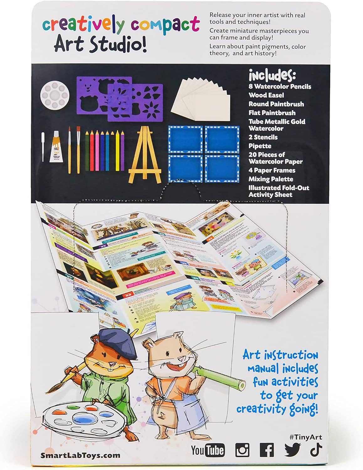 Tiny Art 41-piece kids art kit with paints, pencils, stencils, mini easel, and activity manual for creative STEM learning