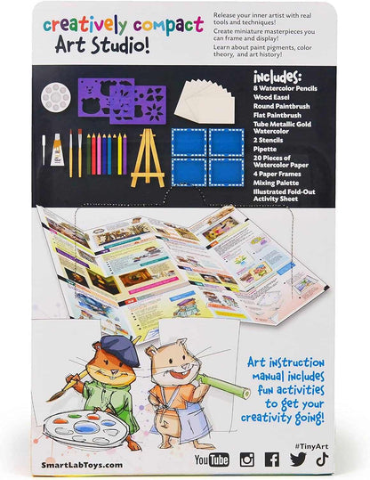 Tiny Art 41-piece kids art kit with paints, pencils, stencils, mini easel, and activity manual for creative STEM learning