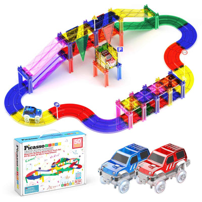Colorful 50 piece magnetic racetrack set with LED light-up cars, supporting columns, and assorted track tiles designed for STEAM learning and brain development.