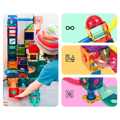 Child playing with 70-piece magnetic marble run track toy featuring translucent colorful tiles and multi-layer 3D maze design for STEM learning and creativity.