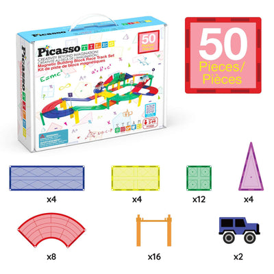 50 piece Magnetic Racetrack Set with colorful track tiles, supporting columns, triangular slopes, LED light-up cars, and packaging box for educational STEAM play.