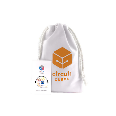 White drawstring pouch with orange Circuit Cubes logo and Cube Combo instruction booklet