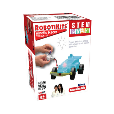 Kinetic Racer STEM kit with hand-crank generator and blue race car for ages 8+ learning sustainable energy.