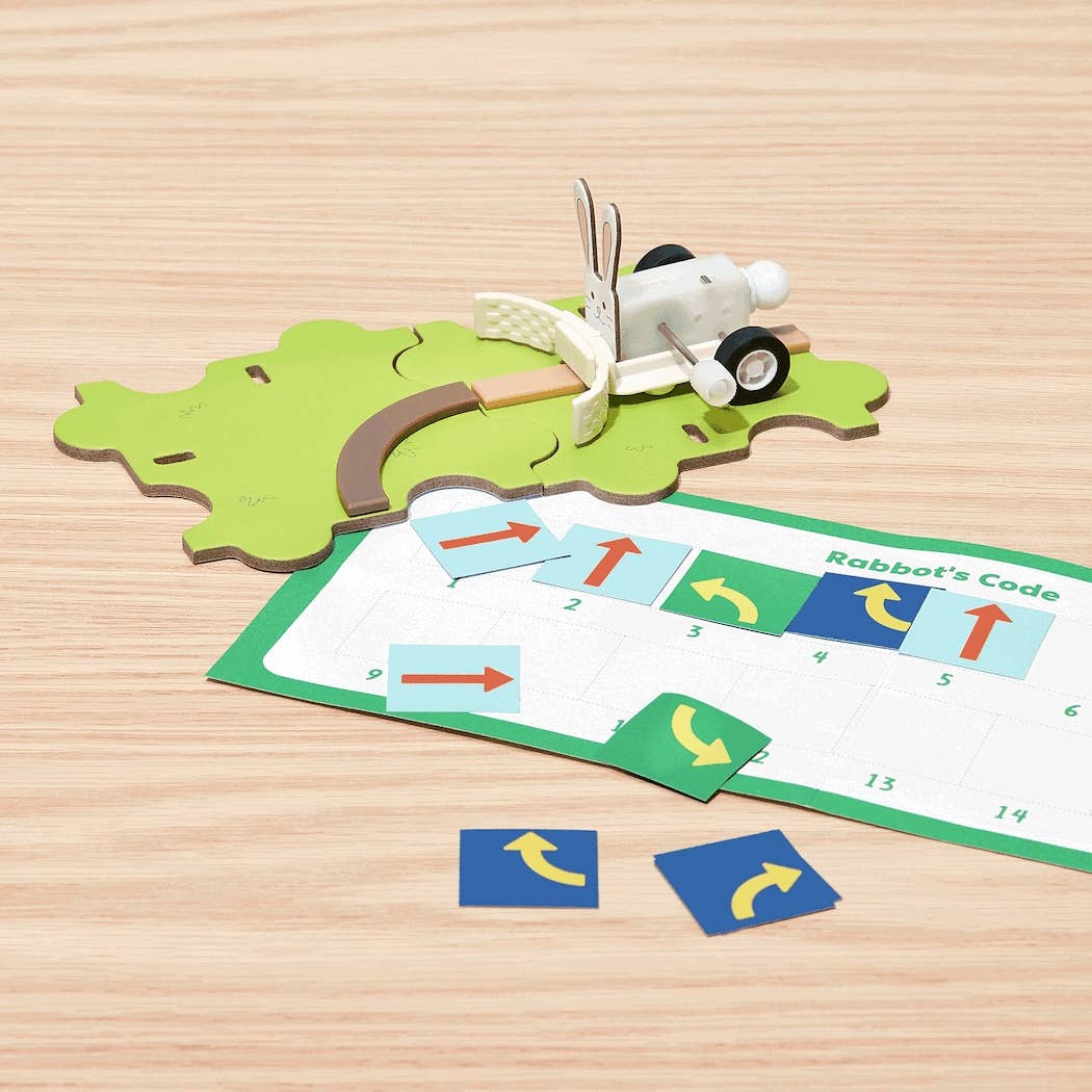 Robot Coder Starter Kit DIY science kit with a buildable robot rabbit and coding puzzle cards for kids.