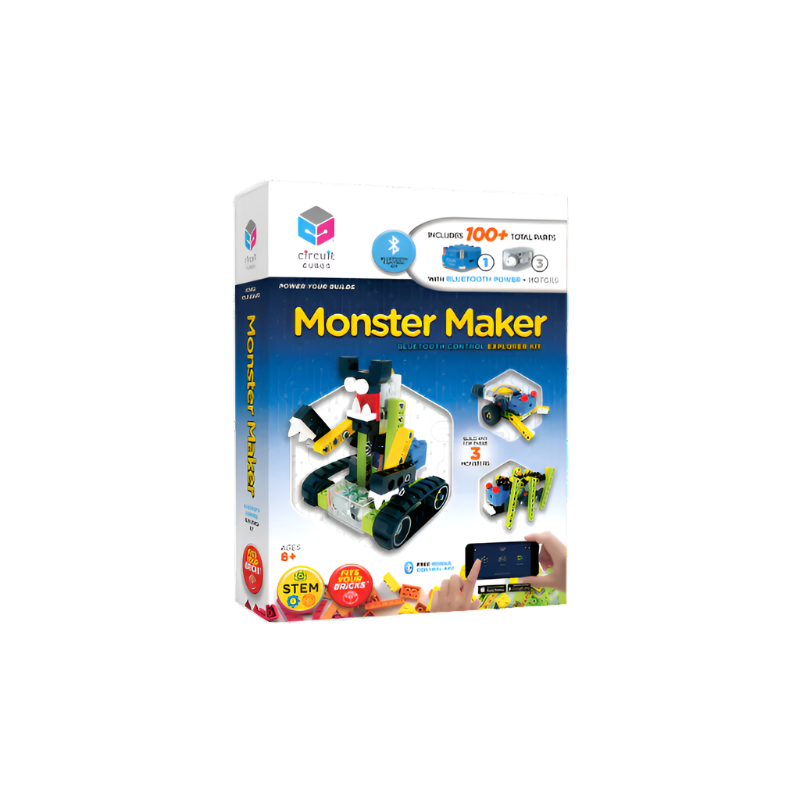 Monster Maker Kit packaging with images of robotic creations and features for STEM learning.