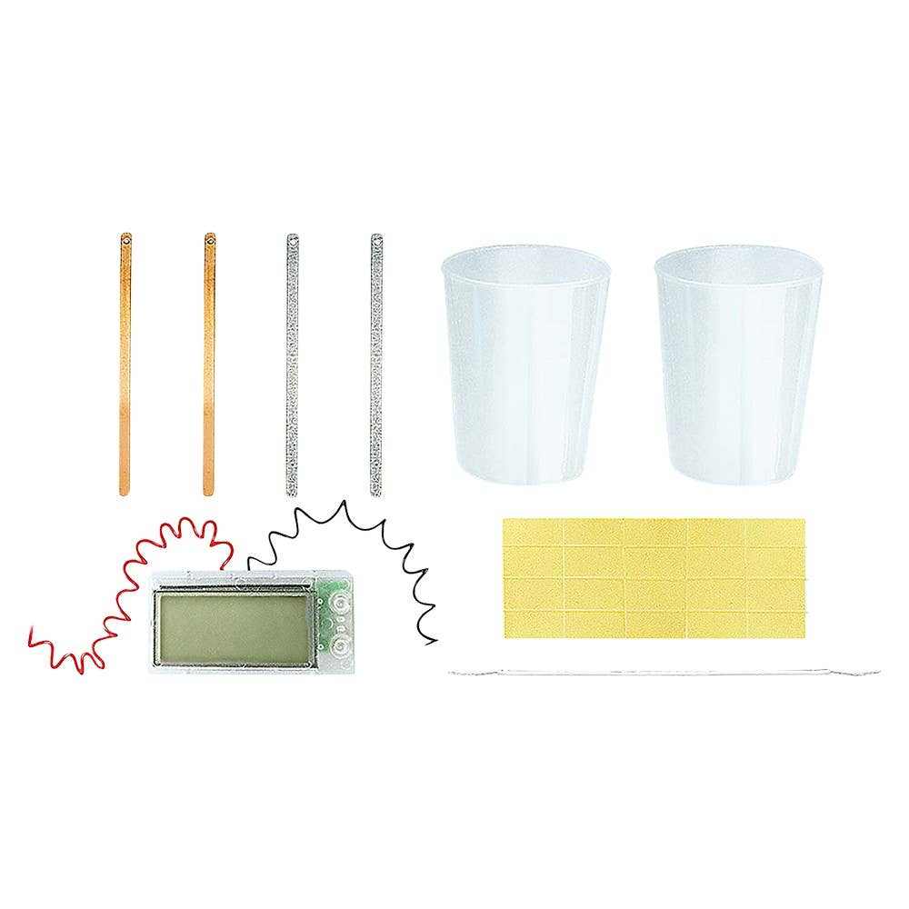 Potato Clock DIY science kit with digital clock, electrodes, cups, and connecting wires