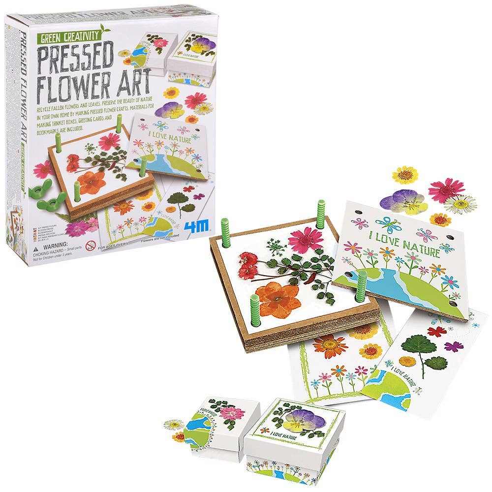 Pressed Flower Art kit with materials to create trinket boxes, greeting cards, and bookmarks using recycled flowers and leaves.