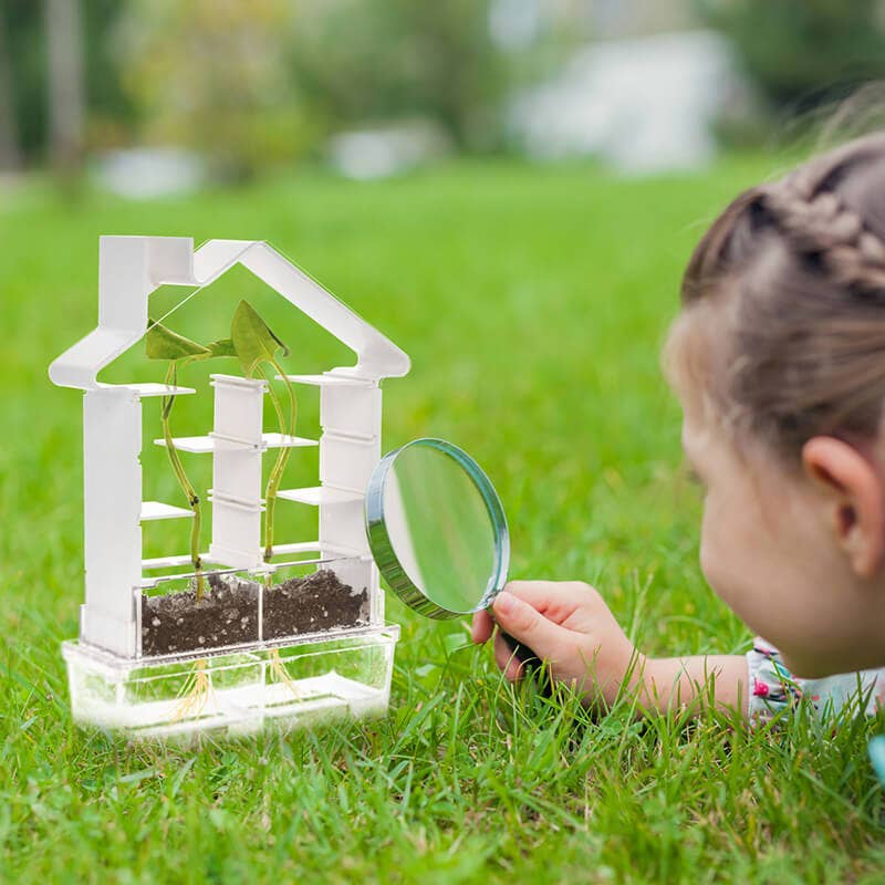 Child observing plant growth in PlaySTEAM Plant Maze Botany Kit with magnifying glass outdoors.