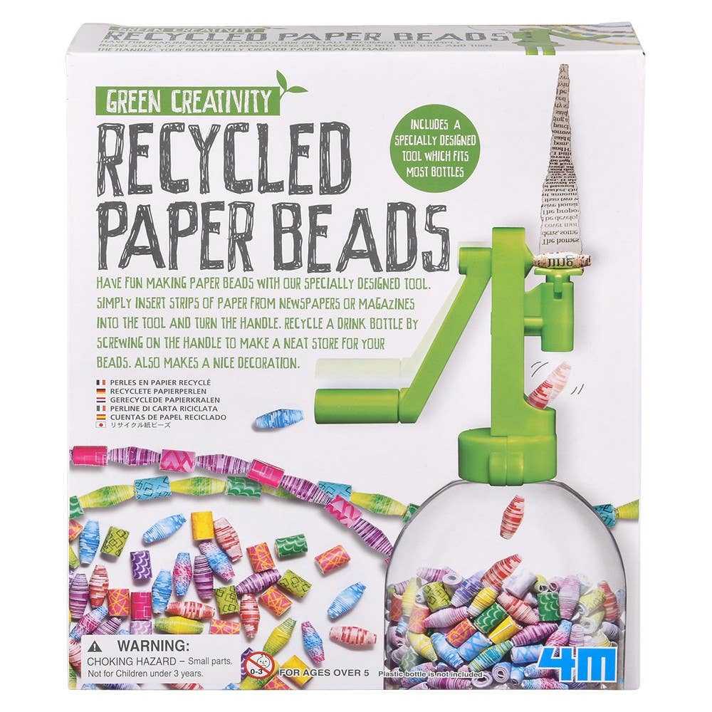 Recycled paper beads making kit with green handle tool and colorful paper beads in recycled bottle craft set