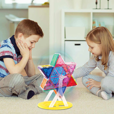 Kids playing with colorful Ferris Wheel Magnetic Building Set spinning 360 degrees on carpet at home