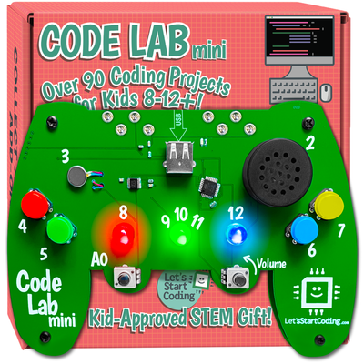 Green Code Lab Mini coding circuit board shaped like a game controller with buttons, LED lights, speaker, and volume knob for kids STEM coding projects