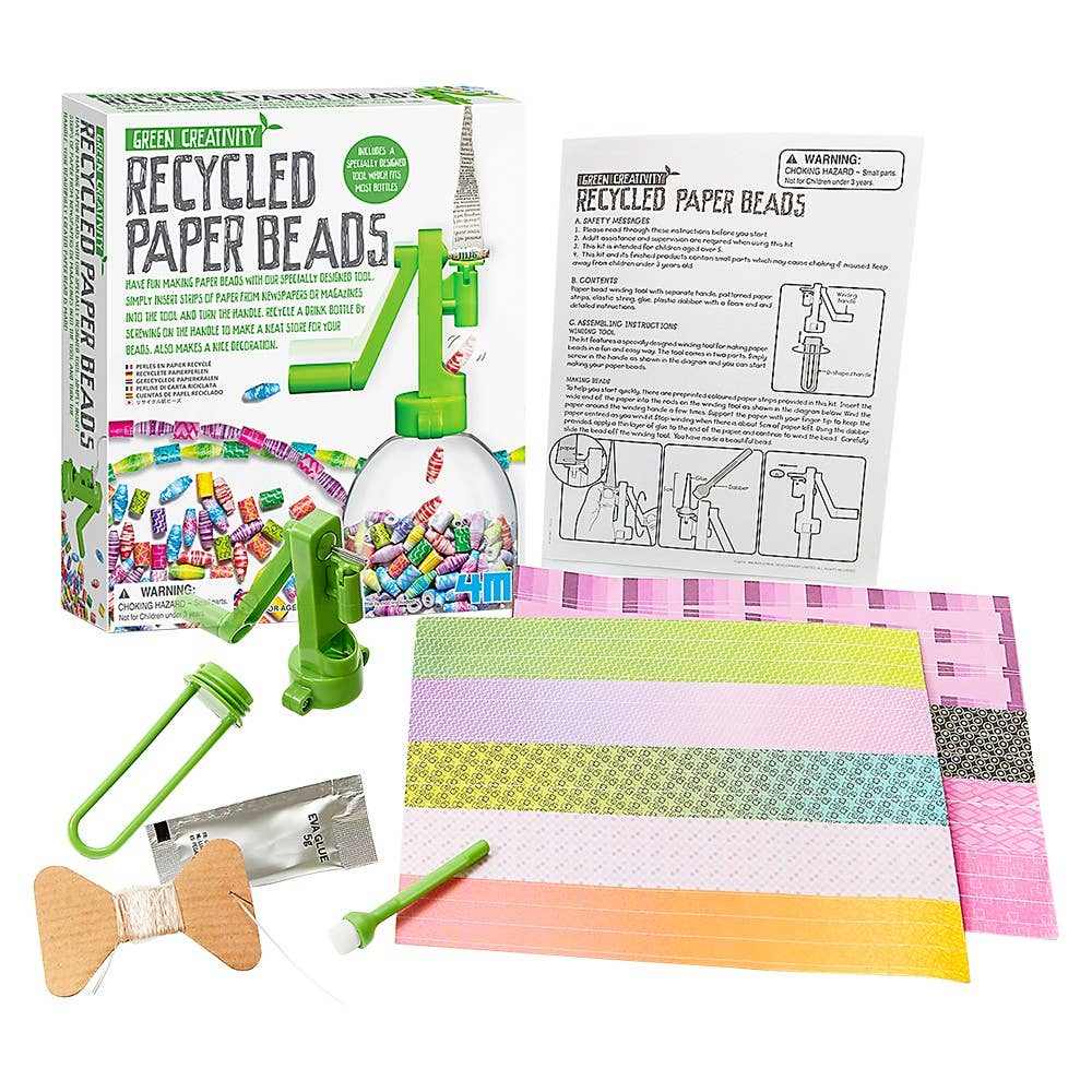 Recycled paper beads craft kit with colorful strips, bead-making tool, and instructions for ages 5+