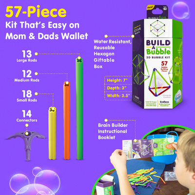 57-piece Build-A-Bubble Montessori 3D bubble kit with rods, connectors, reusable box, and instructional booklet for creating geometric bubble shapes.