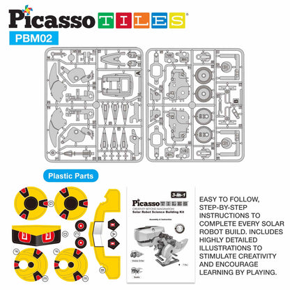 Solar powered dinosaur robot DIY kit with plastic parts and detailed step-by-step instruction manual for STEM learning.