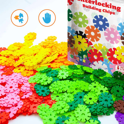 PicassoTiles 300pc Building Chips colorful interlocking disc blocks in multiple bright colors with packaging box
