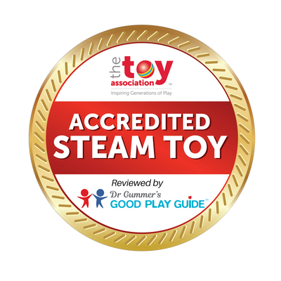 Accredited STEAM toy badge by The Toy Association for Build-A-Bubble Montessori kit
