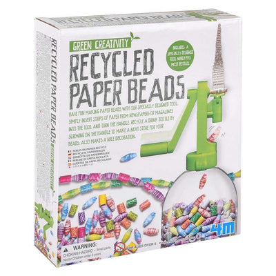 Box of recycled paper beads craft kit with green bead-making tool and colorful paper beads
