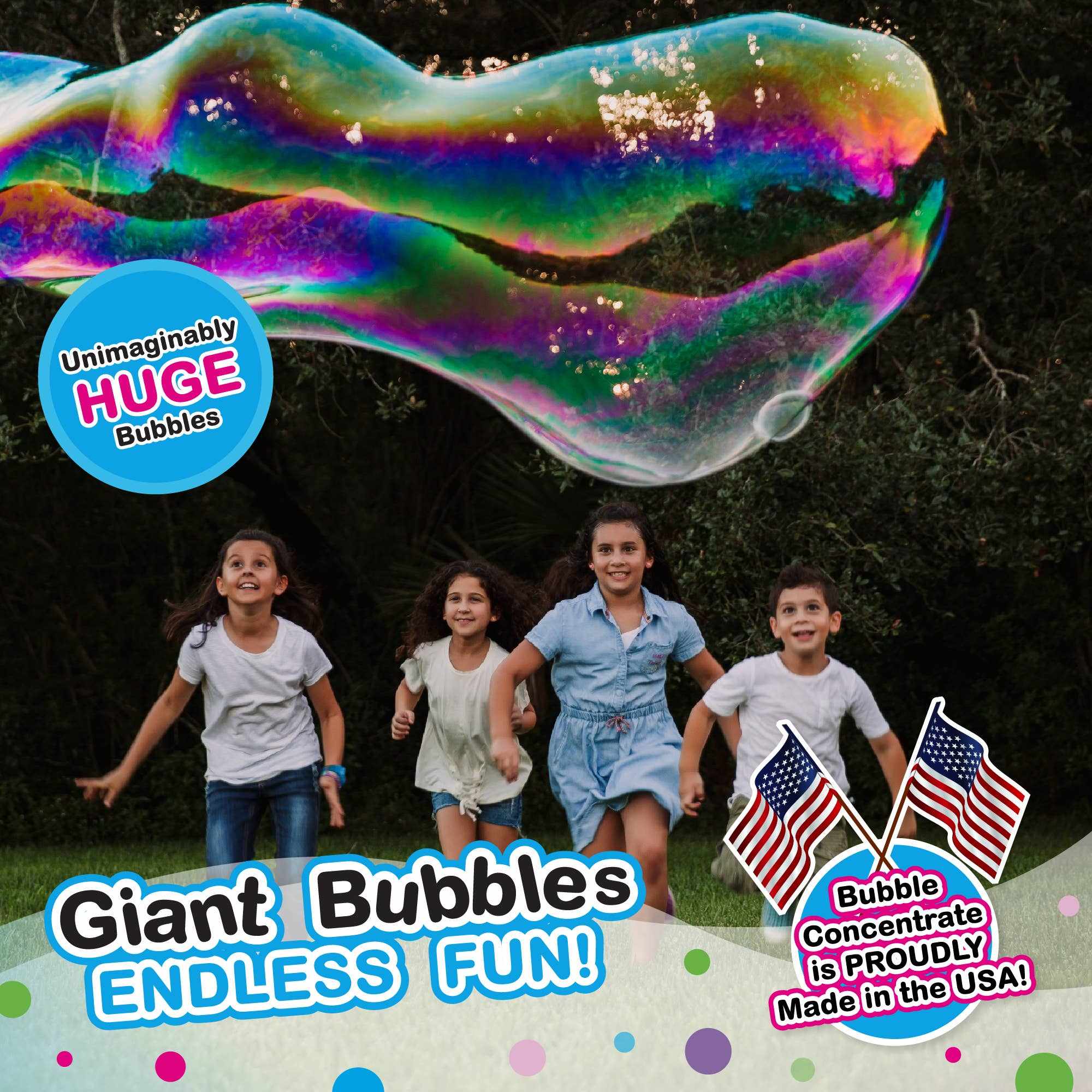 Children running outdoors under a giant colorful bubble made using WOWmazing Giant Bubble Concentrate refill, featuring American flags and text highlighting huge bubbles and US-made bubble concentrate.