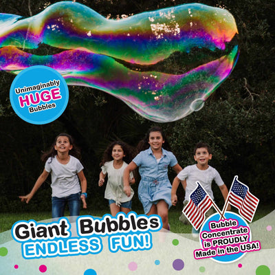 Children running outdoors under a giant colorful bubble made using WOWmazing Giant Bubble Concentrate refill, featuring American flags and text highlighting huge bubbles and US-made bubble concentrate.