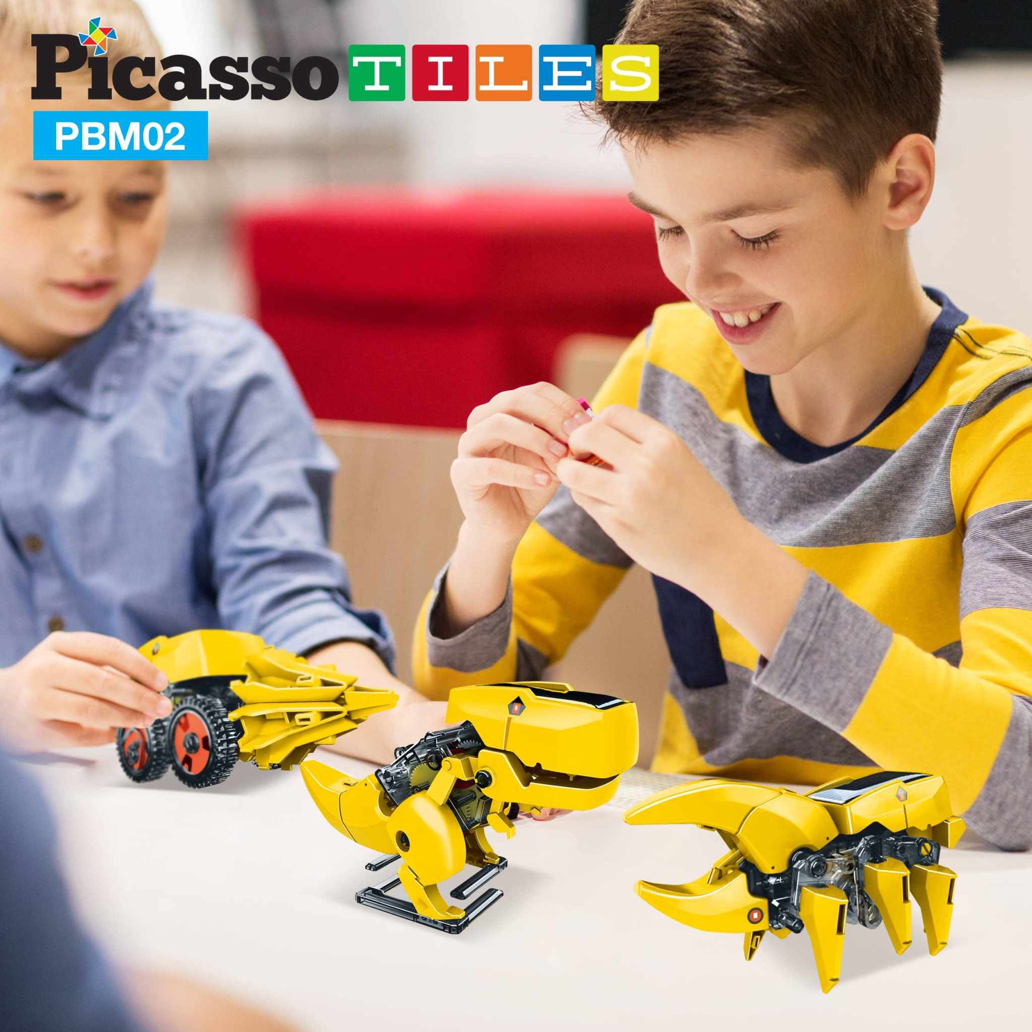Children assembling and playing with yellow solar powered dinosaur robot STEM kits indoors for educational fun