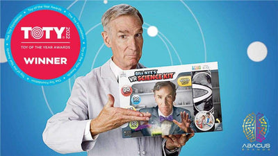 Bill Nye holding Bill Nye's VR Science Kit featuring interactive VR experiments and an augmented reality book.