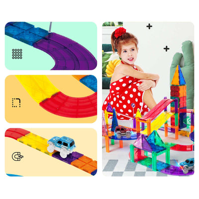 Child playing with colorful 50 piece magnetic racetrack set featuring LED light-up cars and architectural track design for STEAM learning and brain development.