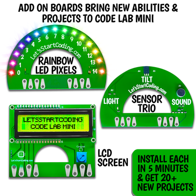 Add-on boards for Code Lab Mini including rainbow LED pixels, sensor trio, and LCD screen for expanded coding projects