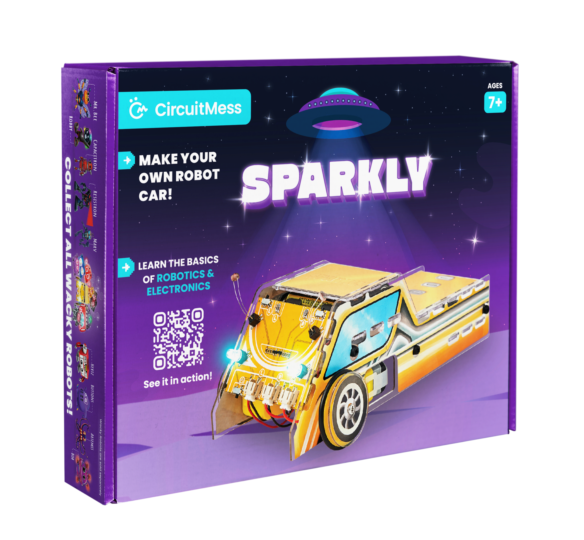 CircuitMess Sparkly DIY robot car kit for kids teaching robotics and electronics with light-following and remote control features.