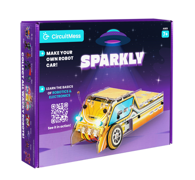 CircuitMess Sparkly DIY robot car kit for kids teaching robotics and electronics with light-following and remote control features.