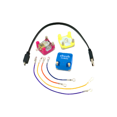 Cube Combo set with battery cube, geared motor cube, LED cube, connecting wires, and USB cable for LEGO and Mega Bloks builds.