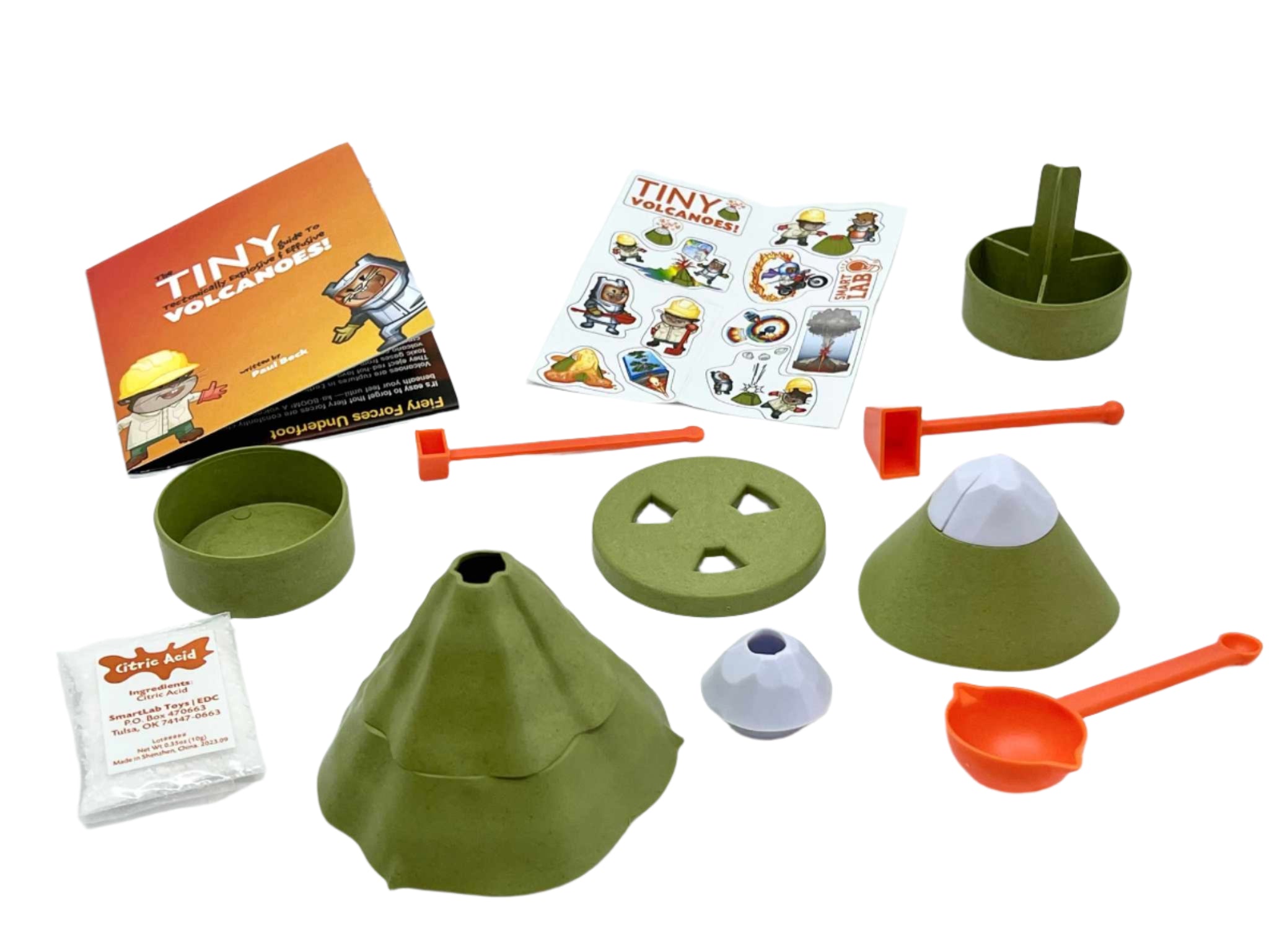 Interactive STEAM kit for creating mini-volcanoes with booklet and components.