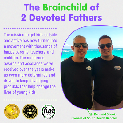 Two men wearing sunglasses standing by the ocean with text about the Build-A-Bubble Montessori 3D Bubble Kit founders and award logos.
