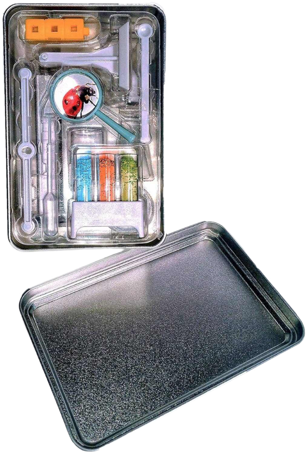 Miniature science lab kit with 24 precision instruments in a compact storage tin.
