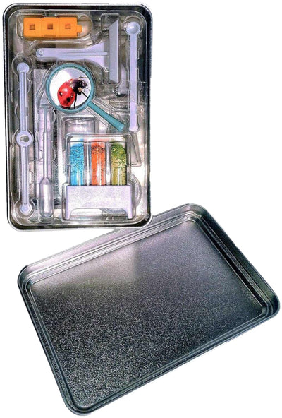 Tiny Science 24-piece miniature science lab kit with small beakers, test tubes, flasks, and tools in a compact storage tin for kids' experiments