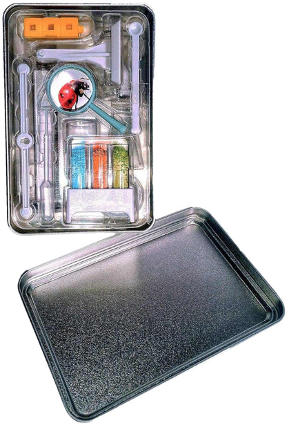 Miniature science lab kit with 24 precision instruments in a compact storage tin.