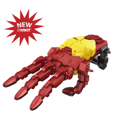 Red and yellow mechanical robotic hand model kit with articulated fingers, Cyber Hand STEM toy for building and controlling finger movements.