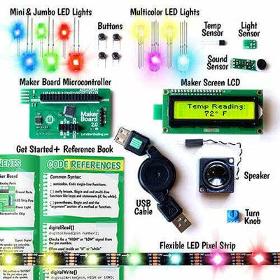 Ultimate Coding Kit with microcontroller, LED lights, sensors, speaker, LCD screen, USB cable, and coding reference book for kids learning programming.