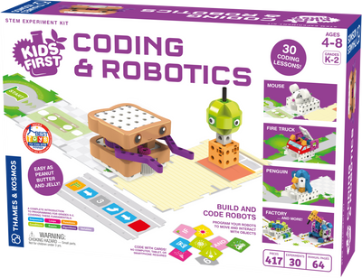 Kids First Coding & Robotics STEM kit for ages 4-8 with robot models, coding cards, and interactive lessons.